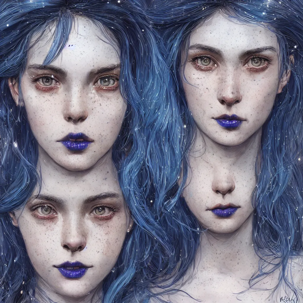 Image similar to a highly detailed portrait of an attractive girl with blue celestial hair and dark lipstick and freckles, wearing a sparkling dress, by kim jung gi, irakli nadar, ruan ji, carl larsson, symmetrical features, realistic human features, trending on artstation, highly detailed, cinematic lighting, character concept art, movie poster art, movie concept art