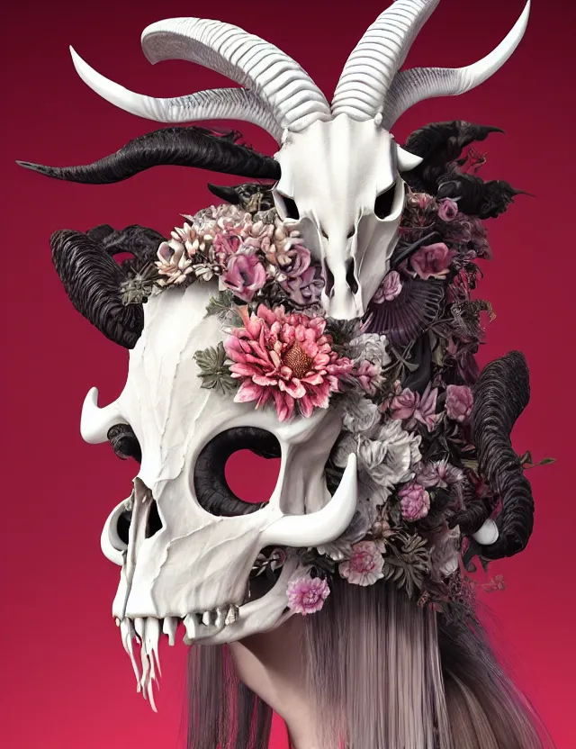 Image similar to 3 d goddess goat skull half - turn portrait with long hair with ram skull. beautiful intricately detailed japanese crow kitsune mask and clasical japanese kimono. betta fish, jellyfish phoenix, bio luminescent, plasma, ice, water, wind, creature, artwork by tooth wu and wlop and beeple and greg rutkowski