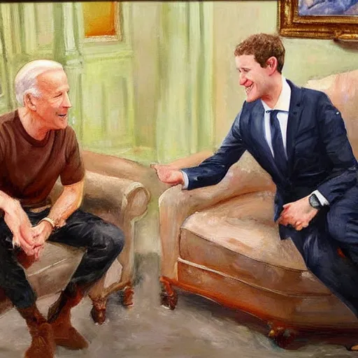 Image similar to mark zuckerberg talks to joe biden, oil painting, ideal, painting