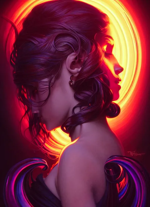 Image similar to e - book cover, side portrait, dark witch with black hood and evil eyes, realism, soft, smooth, luminescent, art nouveau tarot, backlit glow, colorful swirly ripples, gaudy colors, aesthetic octane render, unreal engine, 8 k, by artgerm, greg rutkowski, alphonse mucha