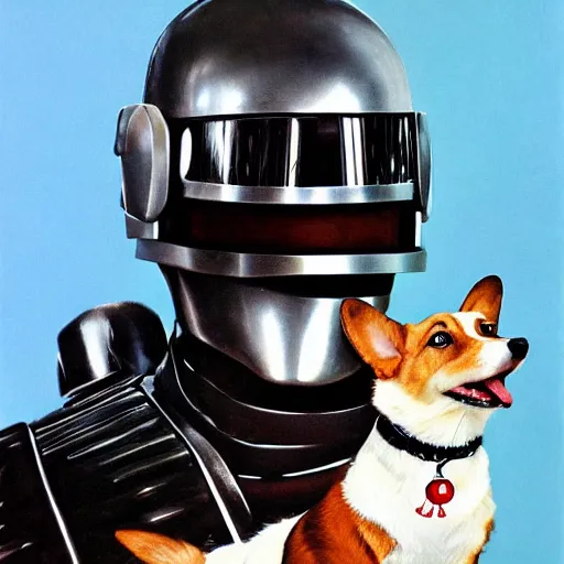 Prompt: Norman Rockwell portrait of corgi as Robocop, detailed, 4k