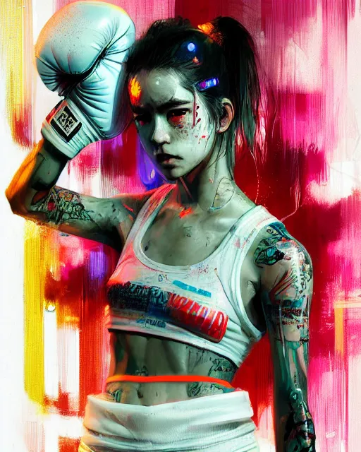 Image similar to detailed portrait Neon boxer Girl, cyberpunk futuristic neon, reflective crop top and shorts, boxing gloves, decorated with traditional Japanese ornaments by Ismail inceoglu dragan bibin hans thoma greg rutkowski Alexandros Pyromallis Nekro Rene Maritte Illustrated, Perfect face, fine details, realistic shaded, fine-face, pretty face