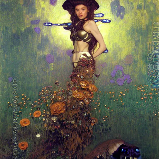 Image similar to portrait of an otter wearing a flower dress. shadowrun cyberpunk fantasy highly detailed painting by gaston bussiere craig mullins jc leyendecker gustav klimt artgerm greg rutkowski john berkey, bergey, craig mullins, ruan jia, raymond swanland, jeremy mann, tom lovell, alex malveda