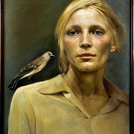 Prompt: Andrew Wyeth portrait of a blonde woman with a crow perched on her shoulder