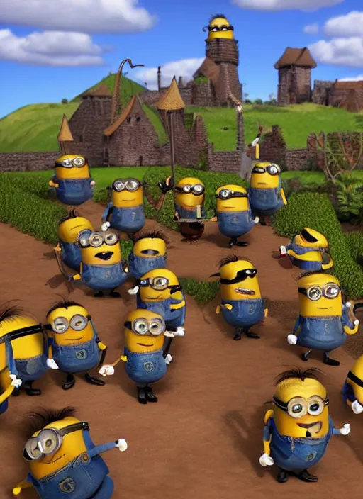 Image similar to king minion bob conquering anchient village with his minion army in pixar style, fantasy village, smooth render, unreal engine 5, high - quality