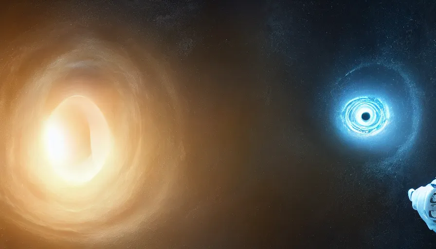 Image similar to an astronaut is falling inside a black hole and is bent into a vortex, volumetric lighting, interstellar, black hole light lensing, event horizon, digital art, wallpaper, 4 k