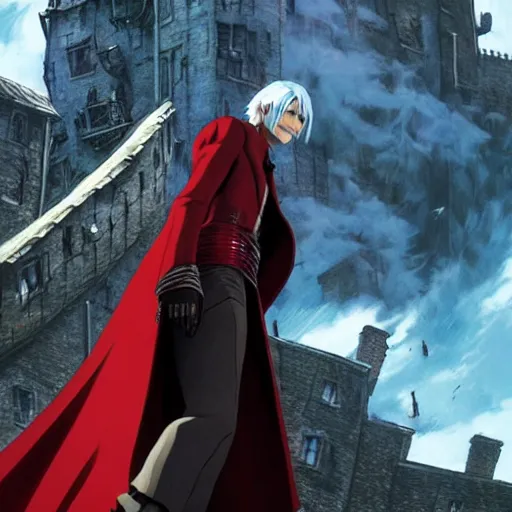 Image similar to a shot of dante from devil may cry in howl's moving castle movie, movie shot, anime, hightly detailed, rescalated 4 k, detailed, straight face, detailed face, artstation, deviantart, unreal - engine, octane render, studio ghibli