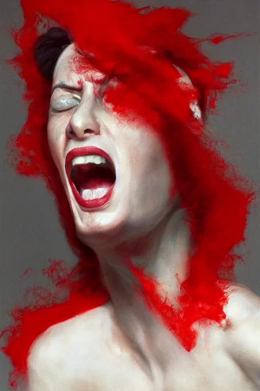 Prompt: hyperrealism, close-up portrait of angry yelling woman in red paint in white sheets, soft light, in style of classicism