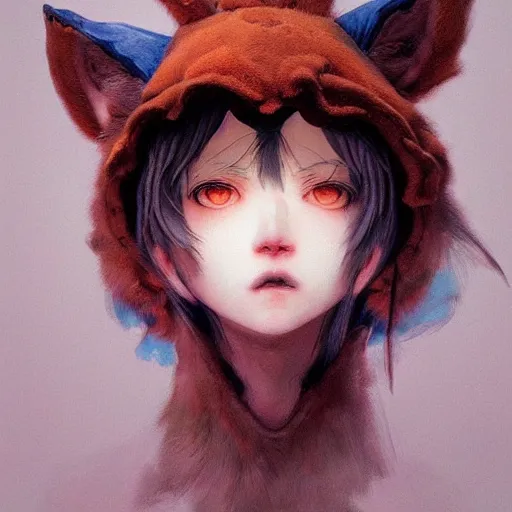 Image similar to prompt : wolf hat character portrait soft light painted by james jean and katsuhiro otomo and erik jones, inspired by evangeleon anime, smooth face feature, intricate oil painting, high detail illustration, sharp high detail, manga and anime 1 9 9 9