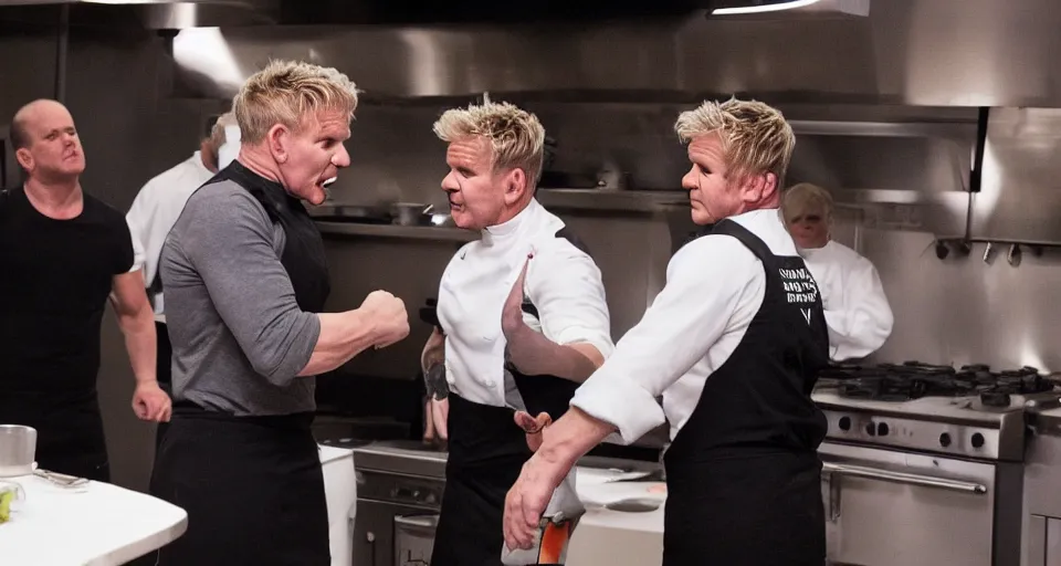 Image similar to photo of angry furious Gordon Ramsay punching Gordon Ramsay at the kitchen