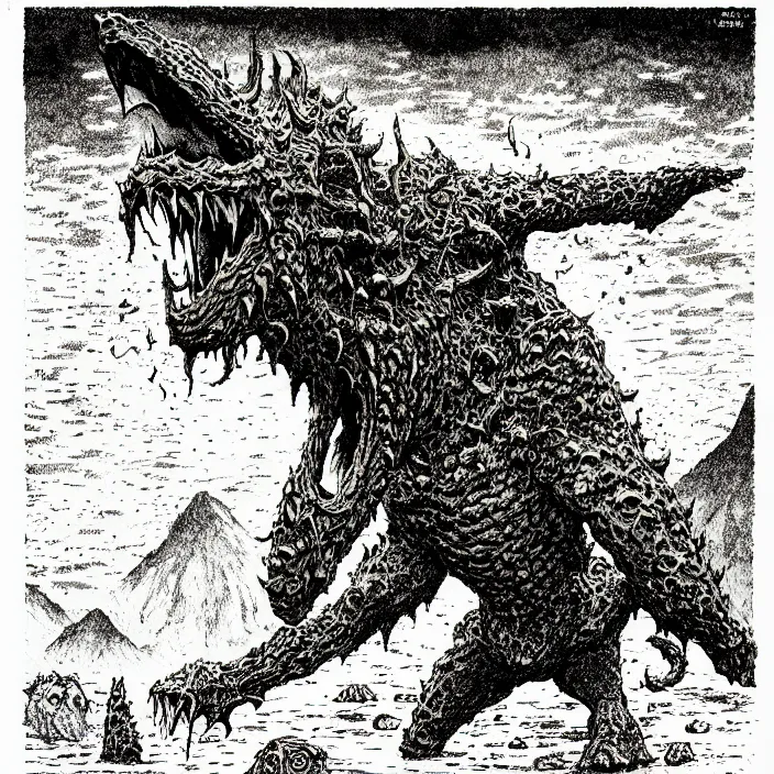 Image similar to オクタロック spitting rocks, as a d & d monster, pen - and - ink illustration, etching, by russ nicholson, david a trampier, larry elmore, 1 9 8 1, hq scan, intricate details, high contrast