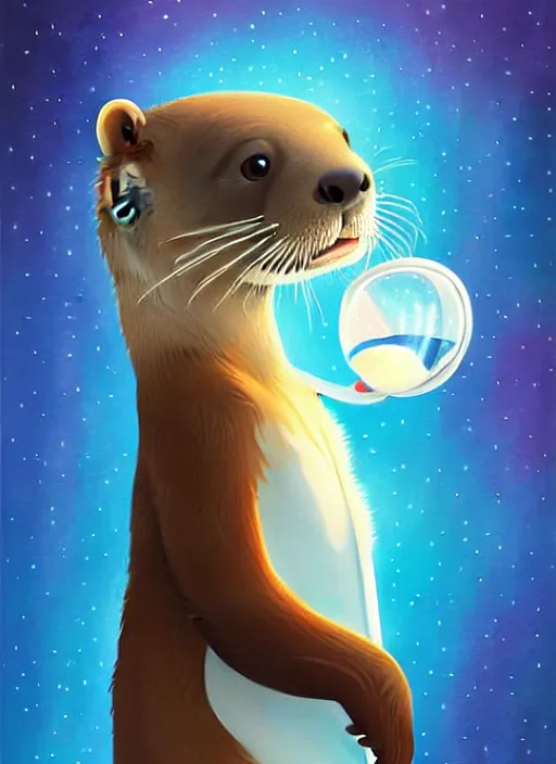 Image similar to a portrait of a cute otter with a space helmet, swimming through a beautiful galaxy!!!, detailed, artstation, art by miyazaki and rhads