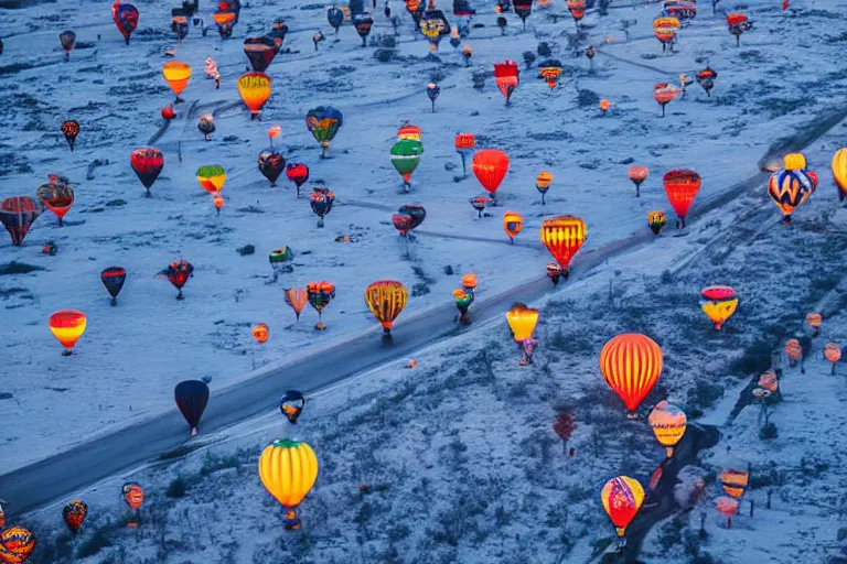 Image similar to aerial photography, lapland, hot air balloons, dusk