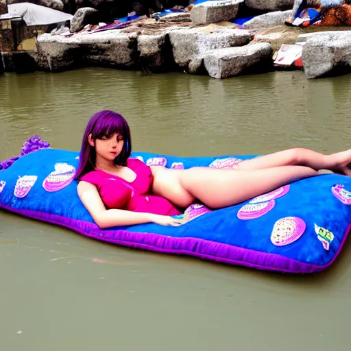 Prompt: an anime body pillow floating in the Ganges