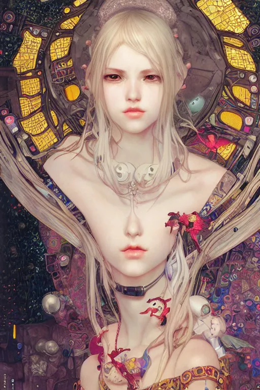 Image similar to portrait of beautiful young fairy, cyberpunk, Warhammer, highly detailed, artstation, illustration, art by Gustav Klimt and Range Murata and Ilya Kuvshinov and Sakimichan