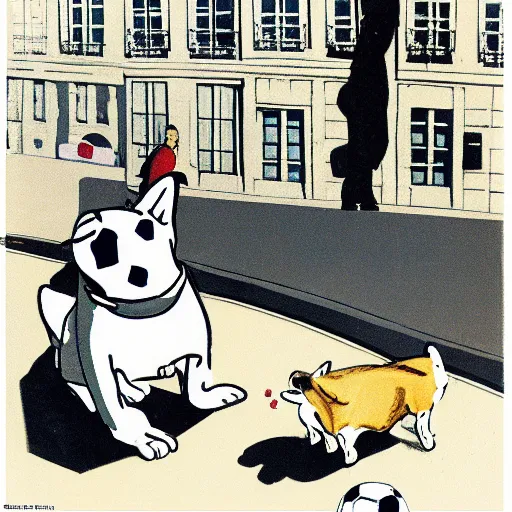 Image similar to book illustration of a french boy on the streets of paris playing football against a corgi, the dog is wearing a polka dot scarf, 1 9 6 6