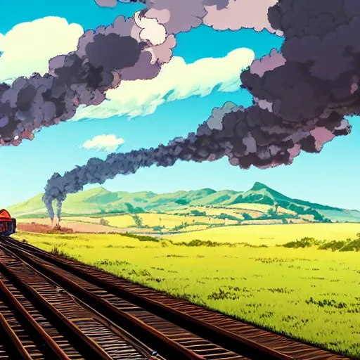 Prompt: miyazaki style, expansive landscape with mountains in the background and wind swept fields in the foreground, a steam powered train is going from left to right on tracks in the middle of the scene, ultra high quality render in 8 k ghibli film type