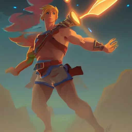 Image similar to upper body illustration of link from zelda in his god form, mattepainting concept blizzard pixar maya engine on stylized background splash comics global illumination lighting artstation, sharp focus, lois van baarle, ilya kuvshinov, rossdraws