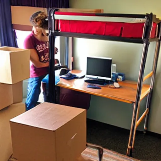 Image similar to monkeys moving into college dorm setting up furniture