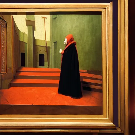 Prompt: woman in hooded cloak in a movie theatre, renaissance painting