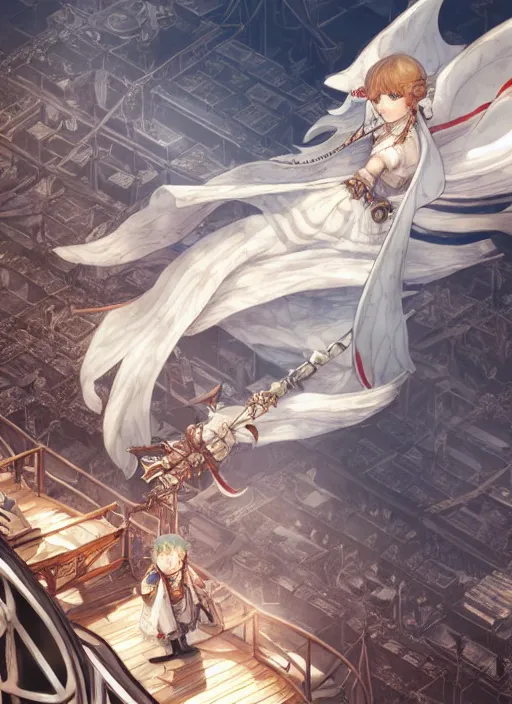 Image similar to character portrait of the white herald on the deck of an imperial airship in the sky, hidari, color page, tankoban, 4K, tone mapping, Akihiko Yoshida.