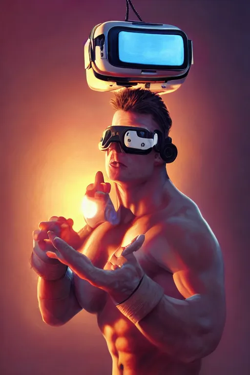 Prompt: painting of a wrestler character wearing vr goggles, shrugging arms, ultra realistic, sharp details, subsurface scattering, intricate details, warm lighting, highly detailed, photorealistic, octane render, 8 k, unreal engine, art by artgerm and greg rutkowski and alphonse mucha