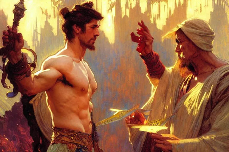 Image similar to 2 muscular attractive wizards playing magic, painting by gaston bussiere, craig mullins, greg rutkowski, alphonse mucha