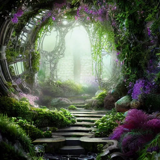 Prompt: mystical and beautiful secret garden, hyperrealistic photograph, dim volumetric lighting, 8 k, octane beautifully detailed render, extremely hyper detailed, intricate, epic composition, cinematic lighting, masterpiece, trending on artstation, very very detailed, stunning, hdr, smooth, sharp focus, high resolution, award, winning photo, dslr, 5 0 mm