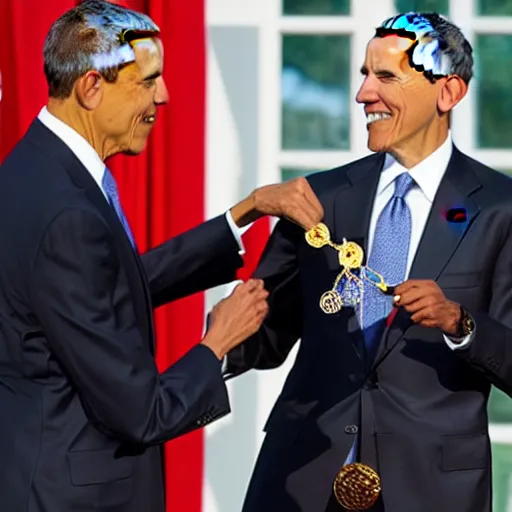 Image similar to president obama awarding president obama a medal on a necklace