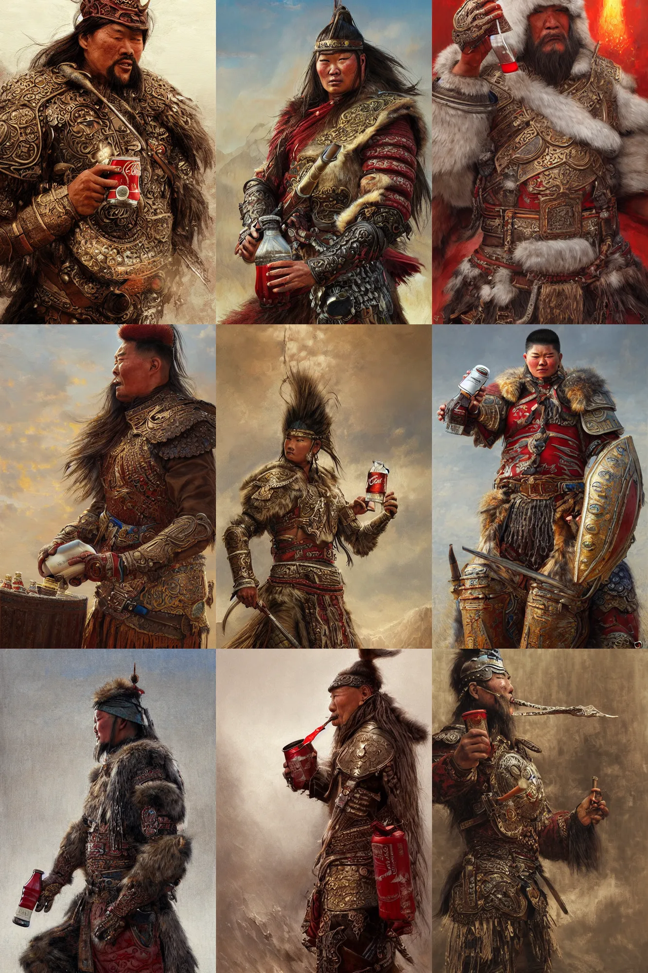 Prompt: a mongolian warrior drinking a coca cola can, ultra realistic illustration, intricate, highly detailed, digital painting, artstation, by gaston bussiere, bayard wu, giger, maxim verehin