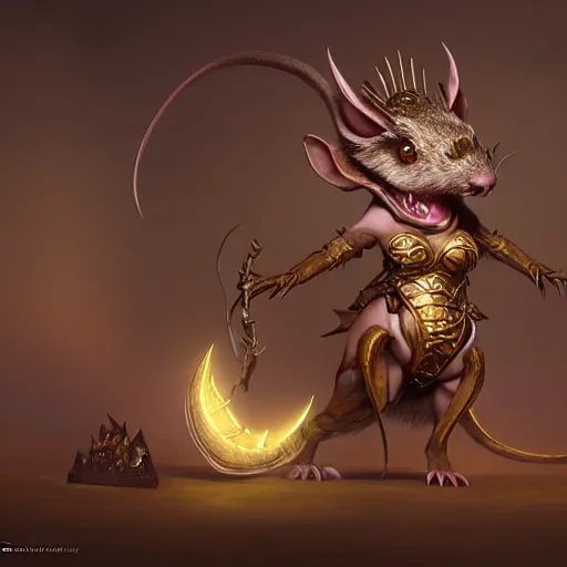 Prompt: a female rat creature with seductive smile, wears a diadem and chees armor, by greg rutkowski, design for magic the gathering, highly detailed, octane render, 4 k
