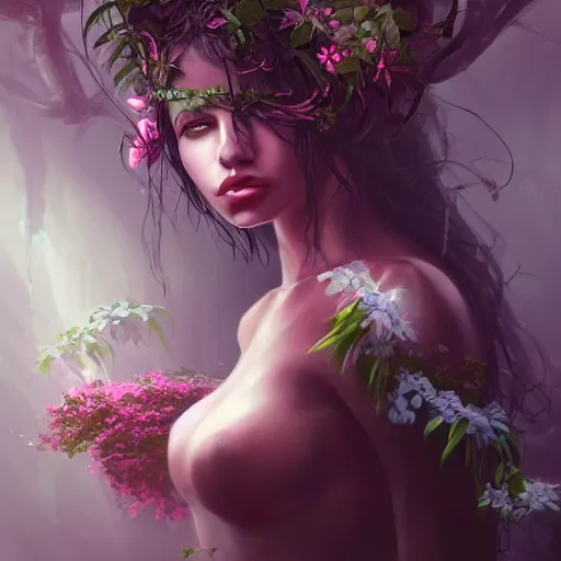 Image similar to Portrait of a dark fantasy nymph, flowers and plants surrounding, stunning, concept art, artstation, dramatic lighting, minimalism