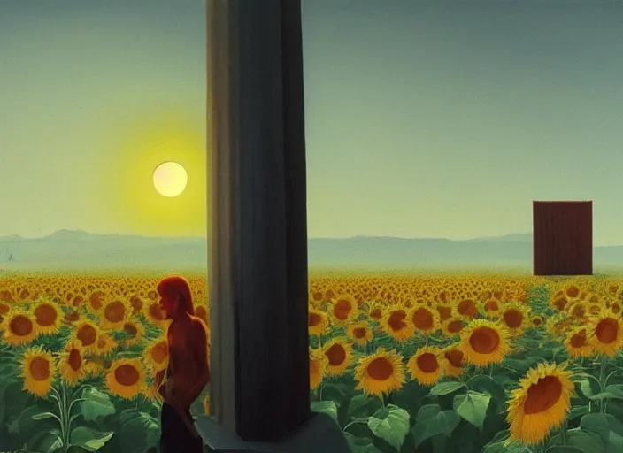 Image similar to sunrise sunflower, science fiction, Edward Hopper and James Gilleard, Zdzislaw Beksinski, highly detailed