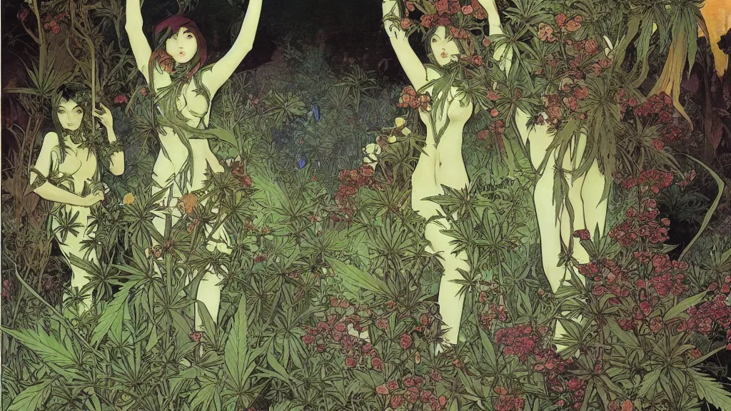 Image similar to a beautiful cannabis landscape painting of dystopian psychedelic future by Alfons Maria Mucha and Yoshitaka Amano and Junji Ito