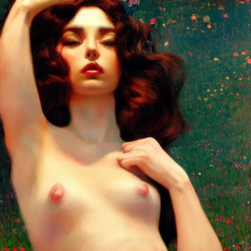 Image similar to modern woman | hyperrealistic | action pose | digital painting | trending on artstation | pinup portrait | clean | illustration | dressed | Unreal Engine 5 | 8k resolution | by Greg Rutkowski Gustav Klimt, J.W. Waterhouse and Mel Ramos