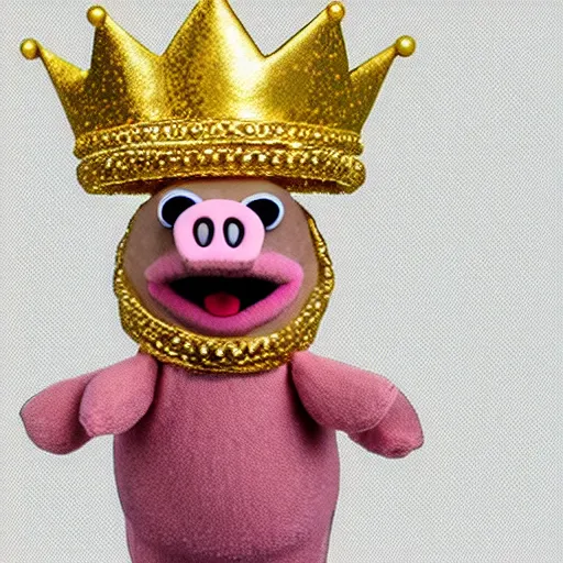 Image similar to pig wearing a gold crown as a Muppet holding an arm full of different snack bags 8k