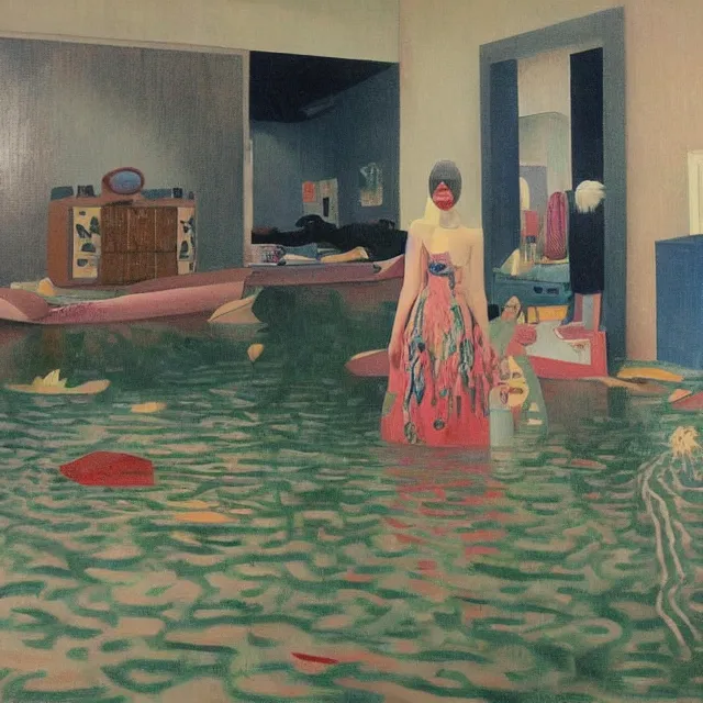 Image similar to tall female emo artists in their flooded apartment, painting of flood waters inside an artist's home, a river flooding indoors, pomegranates, pigs, ikebana, zen, water, octopus, river, rapids, waterfall, black swans, canoe, berries, acrylic on canvas, surrealist, by magritte and monet