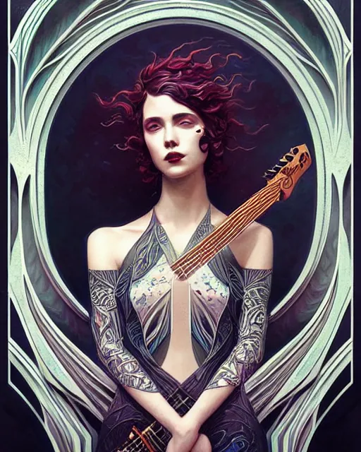 Prompt: Beautiful and playful rock guitarist portrait, art deco, fantasy, intricate art deco leaf designs, elegant, highly detailed, sharp focus, art by Artgerm and Greg Rutkowski and WLOP