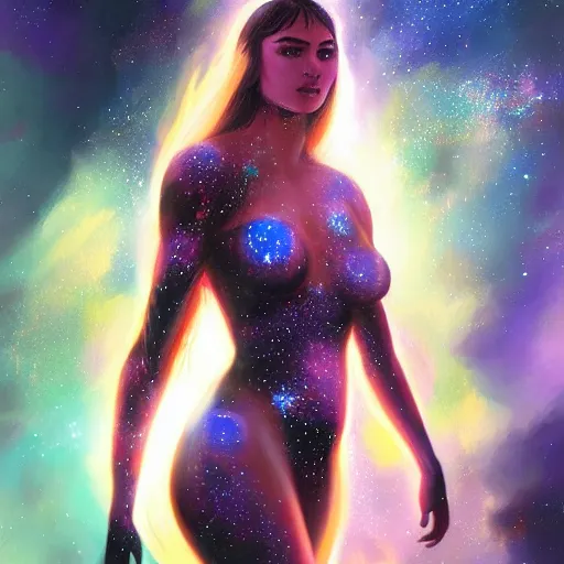 Prompt: Portrait of a cosmic goddess, suit made of stars, galaxy and nebulas, intricate, cinematic lighting, highly detailed, digital painting, artstation, concept art, smooth, sharp focus, illustration, art by Artgerm and Greg Rutkowski