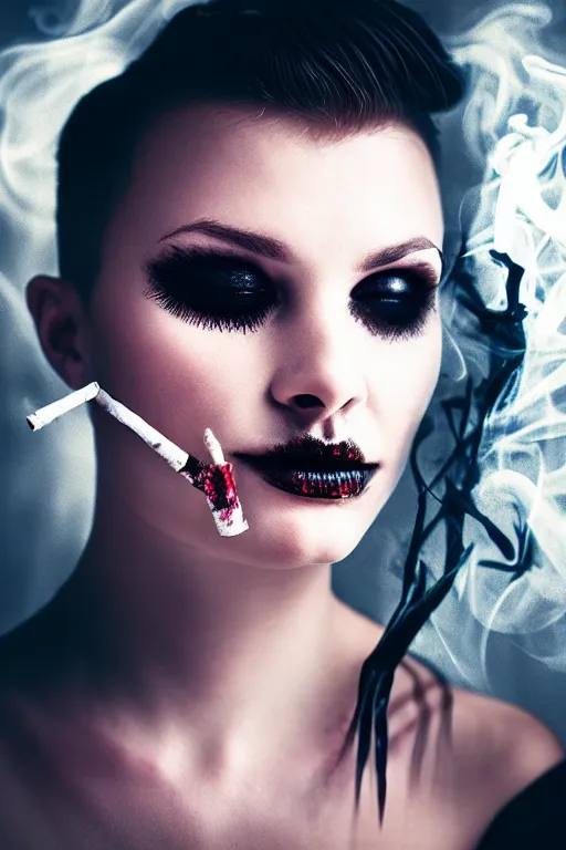 Prompt: a smoking witch, closeup, filled background around face fantasy, magic, undercut hairstyle, dark light night, intricate, elegant
