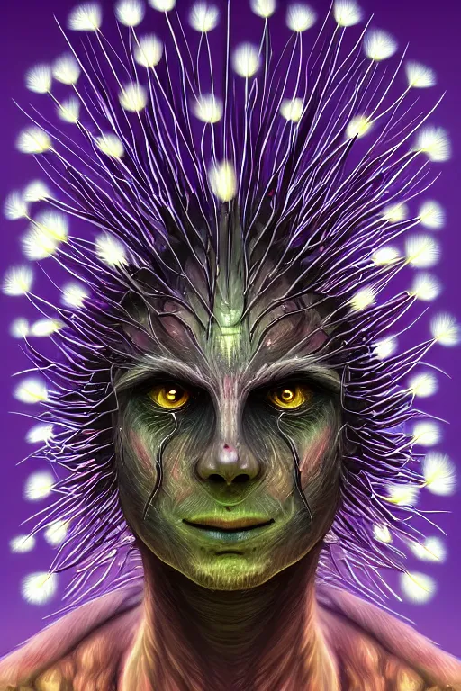 Image similar to glowing luminescent dandelion humanoid figure monster, symmetrical, highly detailed, digital art, sharp focus, trending on art station, amber eyes, autumnal colours