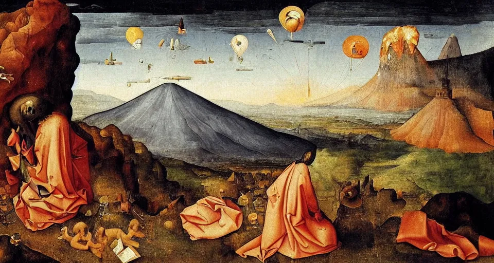 Image similar to !dream the creation of a volcano, divine inspired painting, masterpiece, intricate details, incredible painting, painted by the great masters and bosch