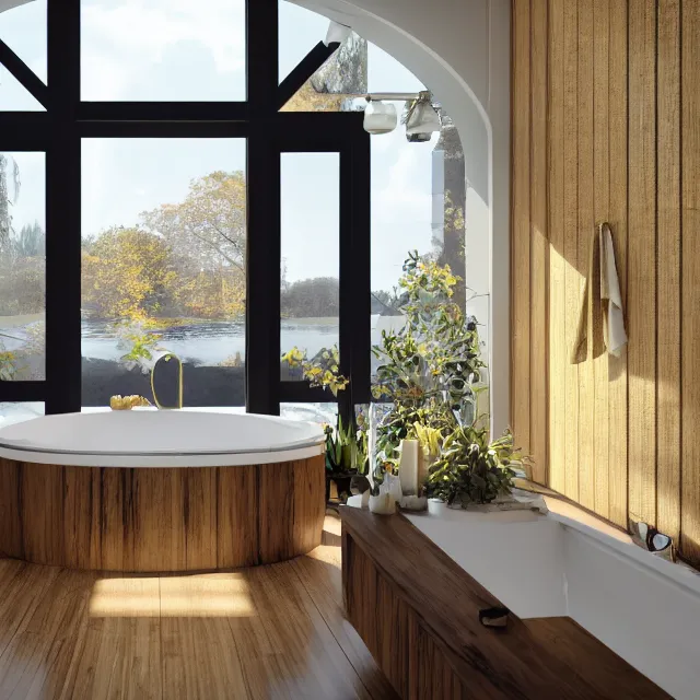 Image similar to post and beam bathroom interior, bathtub with golden faucet, wood cabinets, marble floor, large window in back with fall foliage river view, large potted plant, realistic, unreal engine render, octane render, hyper realistic, photo, 8 k