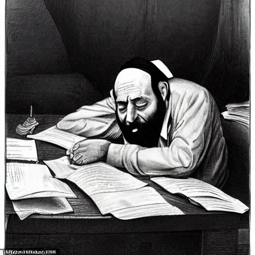 Prompt: a photograph photo of a rabbi slumped over at his desk, dead and twisted by a curse, leaking ooze from his ears and eyes into a puddle