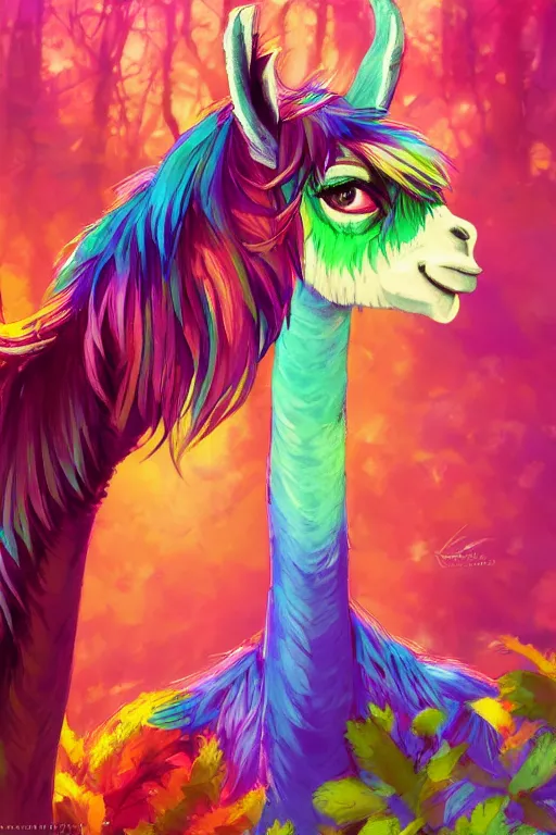 Image similar to portrait of a Llama, colorful fantasy forest background, rich vivid colors, ambient lighting, dynamic lighting, 4k, HQ, official media, anime key visual, makoto shinkai, ilya kuvshinov, lois van baarle, rossdraws, detailed, trending on artstation, daily deviation, masterpiece anthro portrait