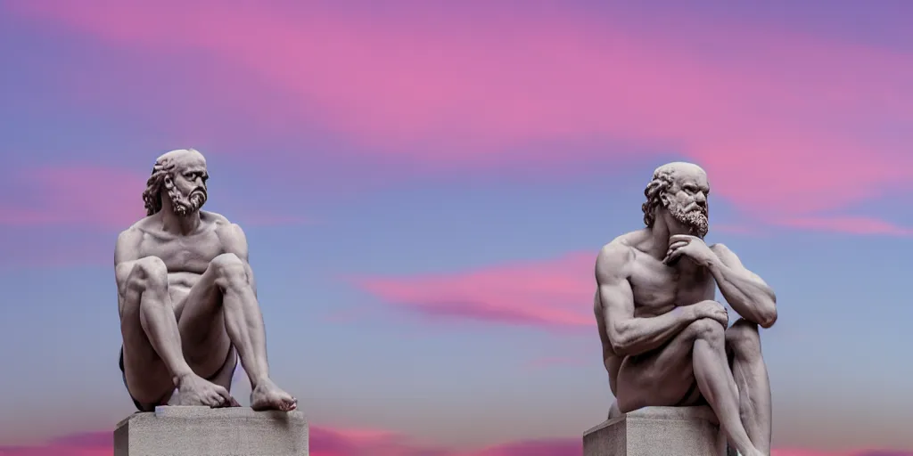 Prompt: a photograph of one socrates statue thinking deeply with a pink sky in the background, hyper realistic, dramatic angle, 8 k