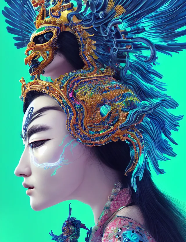 Image similar to 3 d goddess close - up profile portrait with crown, ram skull. beautiful intricately detailed neon japanese crow kitsune mask and clasical japanese kimono. betta fish, jellyfish phoenix, bio luminescent, plasma, ice, water, wind, creature, artwork by tooth wu and wlop and beeple and greg rutkowski