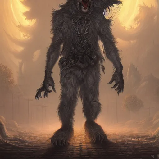 Image similar to Werewolf, Fantasy Illustration in the style of Mohrbacher, 4k masterpiece, Moody lighting with fog