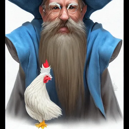 Image similar to character concept art of a kind old wizard with a long white beard looking a confused, holding a pet chicken perched top of his hat, wearing a blue robe, blue eyes, realistic, detailed, trending on ArtStation, by John Howe