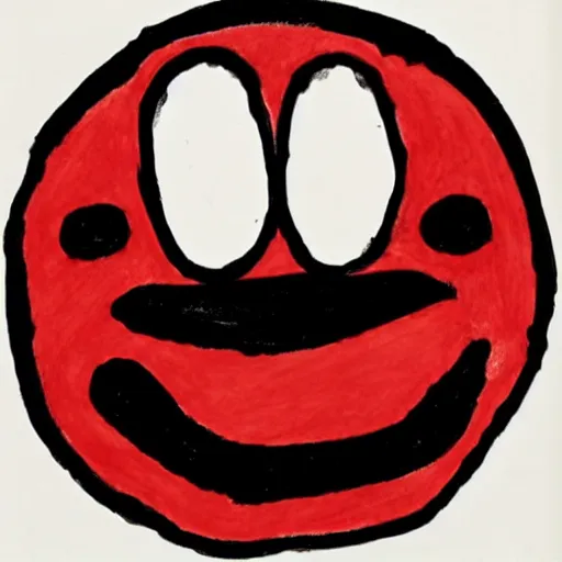 Image similar to primitive drawing of smiling circle face with red eyes thumb up. Сhild drawing picture